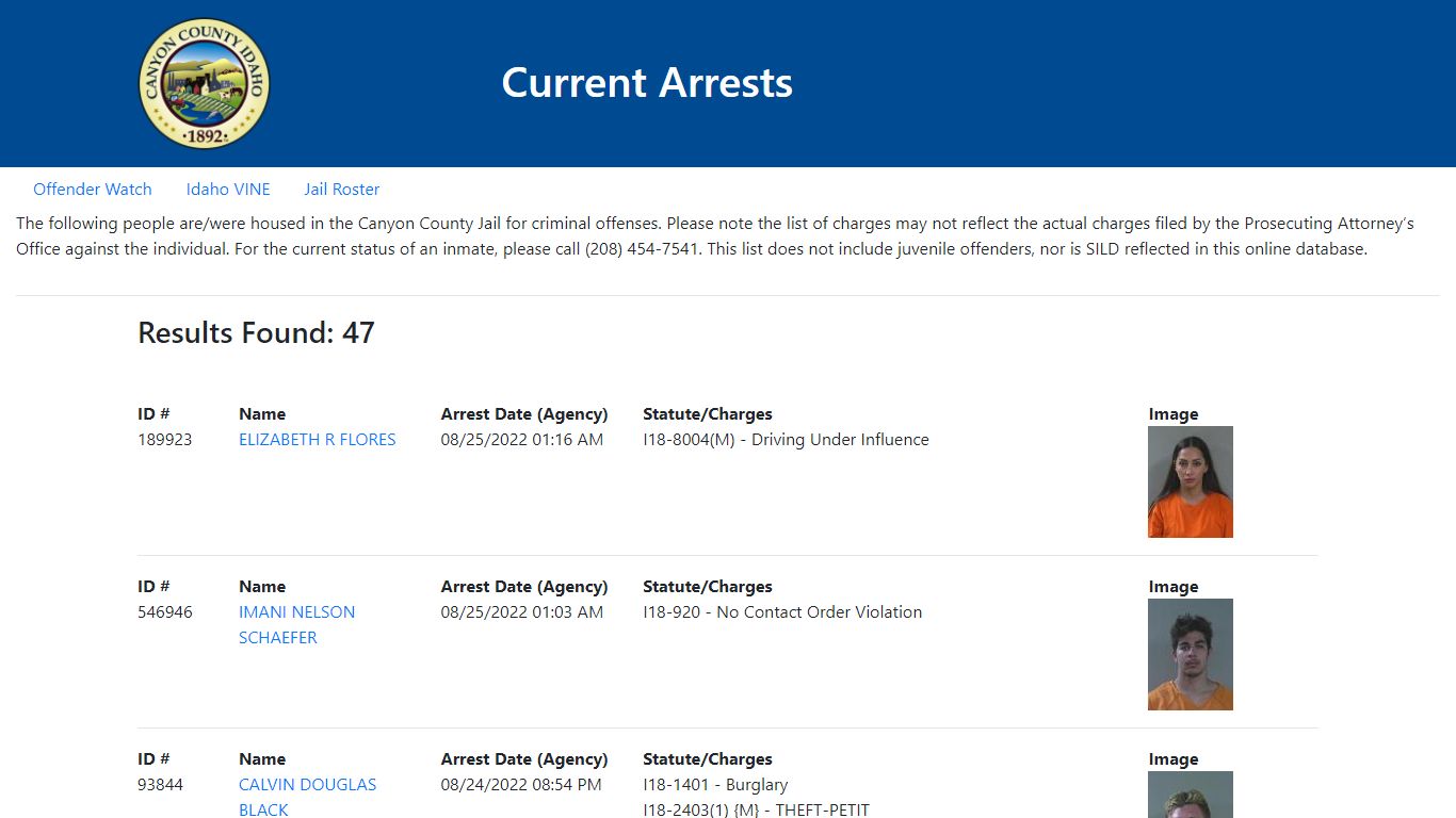 Current Arrests - Canyon County, Idaho